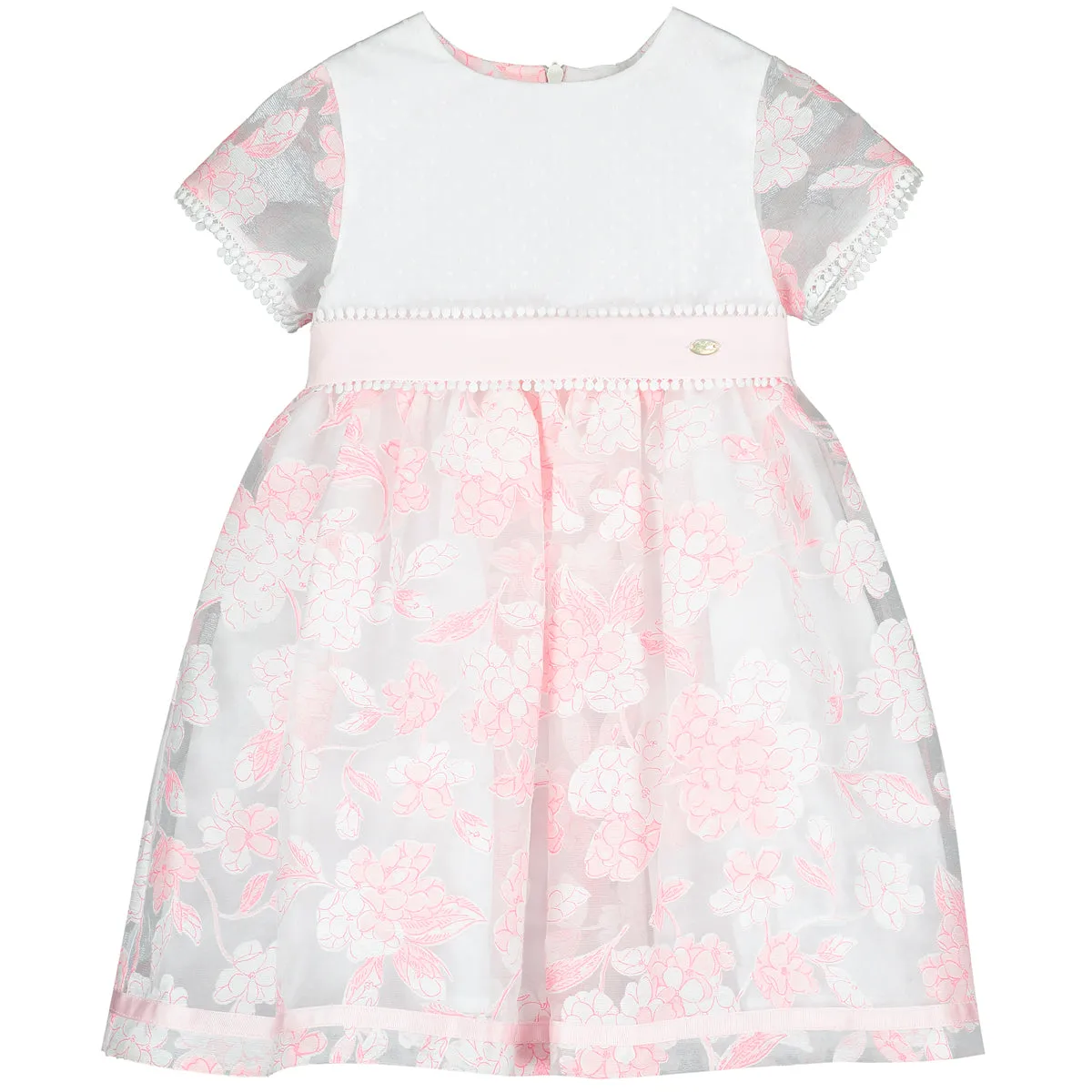 White and Pink Embroidered Flowers Chiffon Dress
