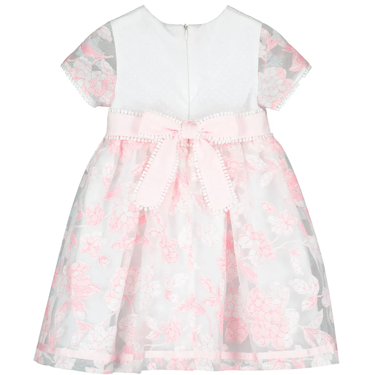 White and Pink Embroidered Flowers Chiffon Dress