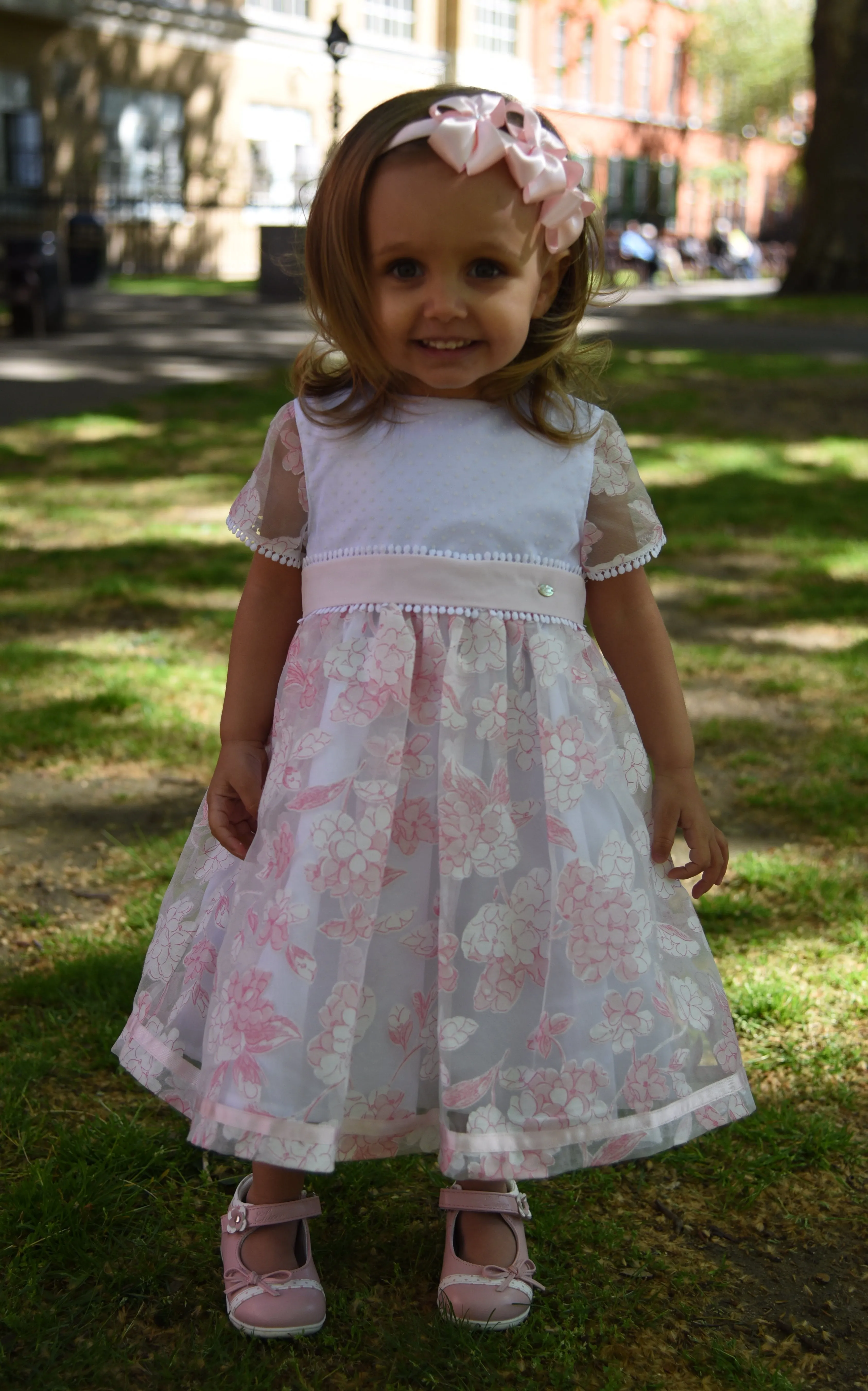 White and Pink Embroidered Flowers Chiffon Dress
