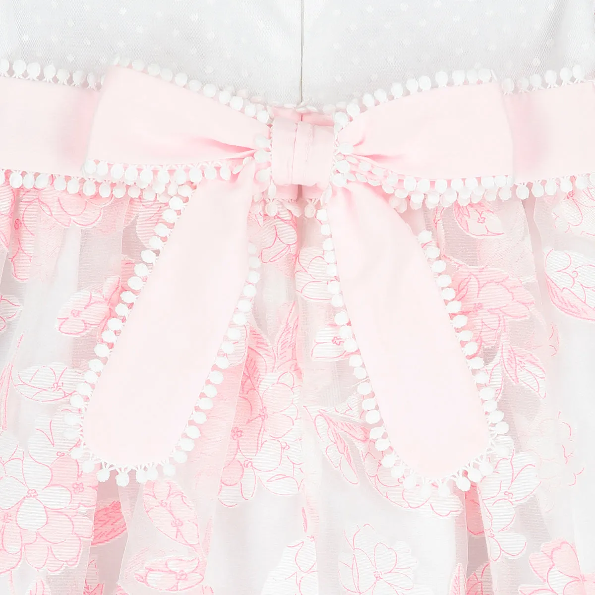 White and Pink Embroidered Flowers Chiffon Dress