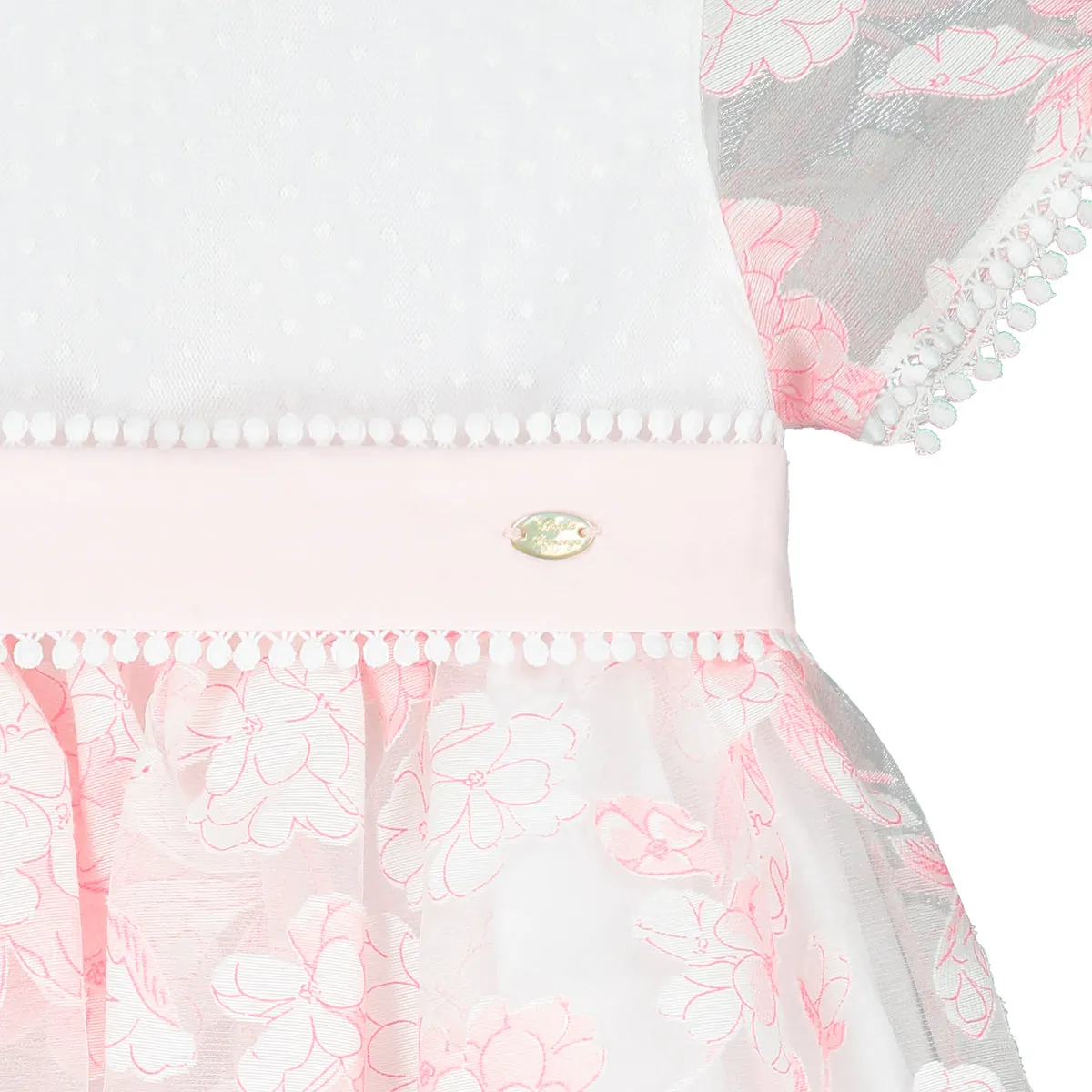 White and Pink Embroidered Flowers Chiffon Dress