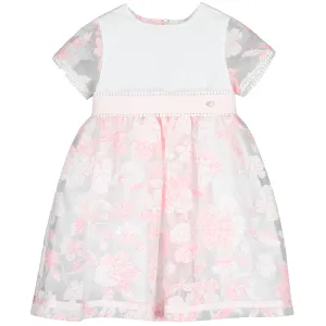 White and Pink Embroidered Flowers Chiffon Dress