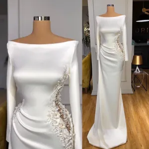 white floral evening dresses long sleeve mermaid beaded modest elegant evening gown robe de soiree