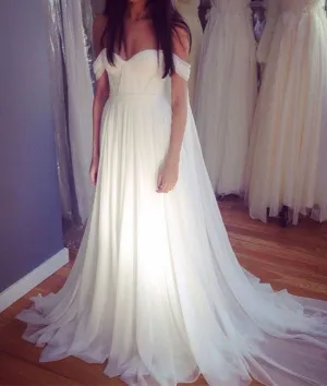 White off shoulder chiffon long prom dress, white bridesmaid dress