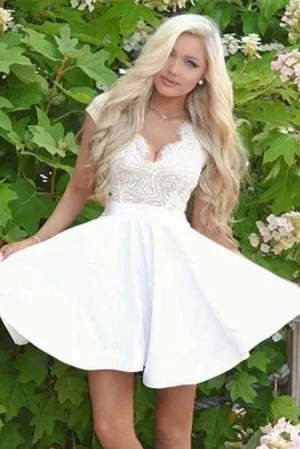 White Satin Lace A-line Cap Sleeves Homecoming Dresses, Graduation Dresses, MH577
