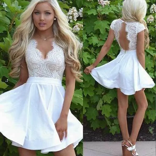 White Satin Lace A-line Cap Sleeves Homecoming Dresses, Graduation Dresses, MH577