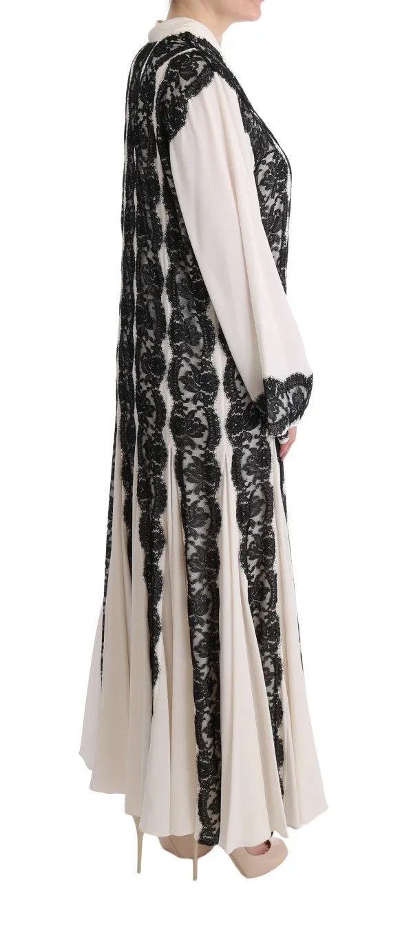 White Silk Floral Lace Kaftan Dress