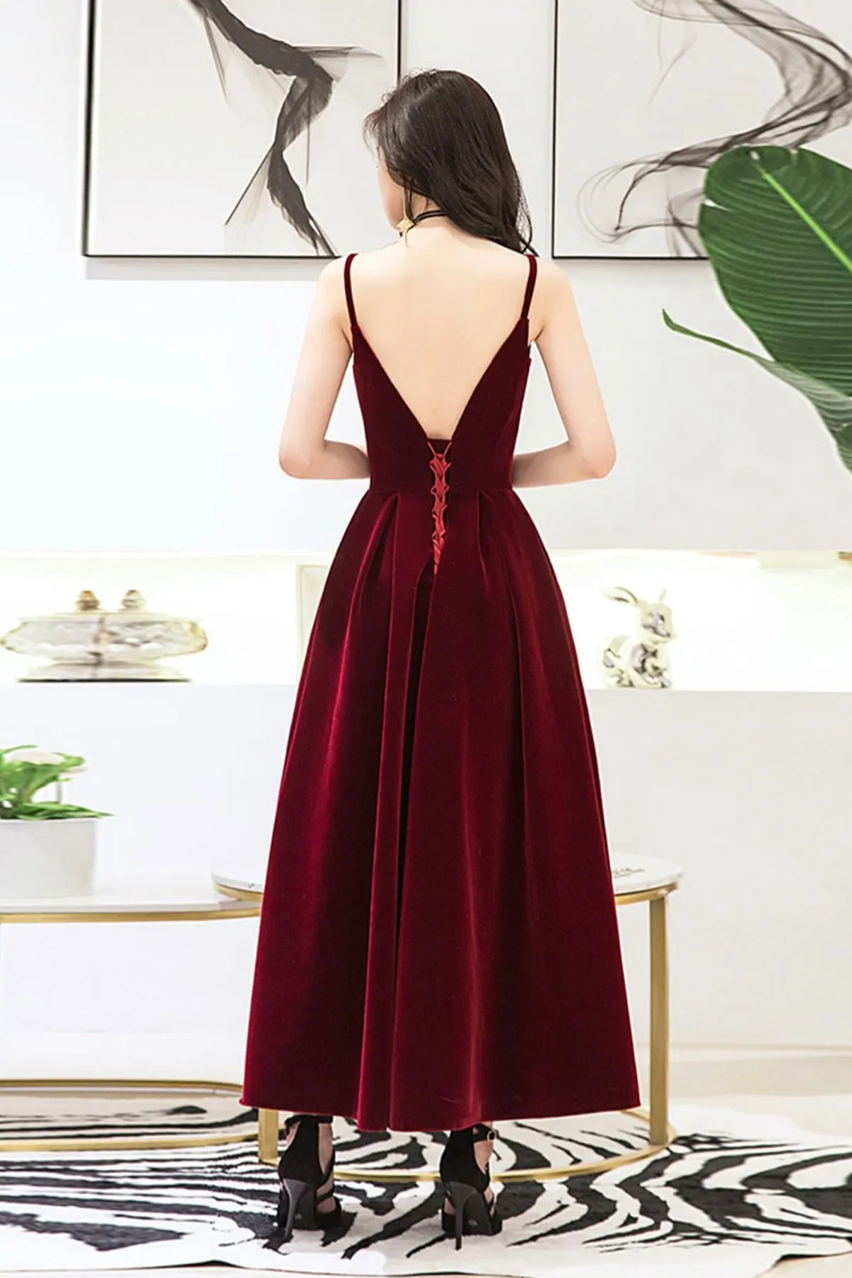 Wine Red Velvet Straps V-neckline Party Dress, Long Burgundy Prom Dress Evening Dress