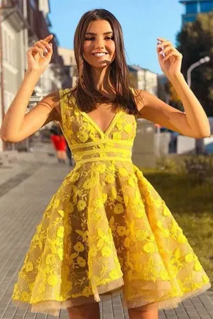 Yellow A-line V-neck Backless Short Homecoming Dresses With Lace Flowers, MH541