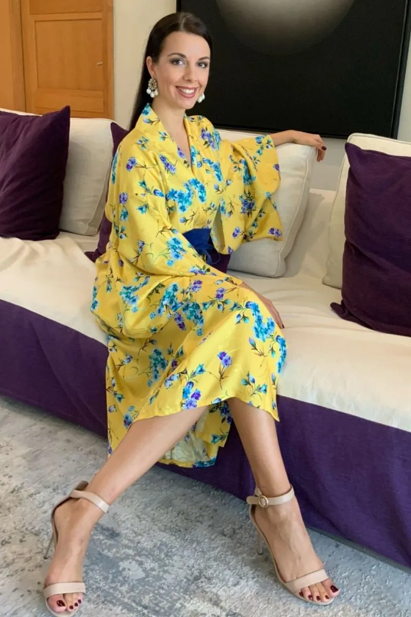 Yellow and Light Blue Chiffon Silk classic Kimono