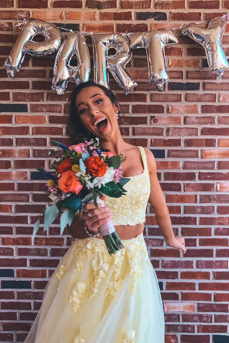 Yellow two pieces lace long prom dress, sweet 16 dress