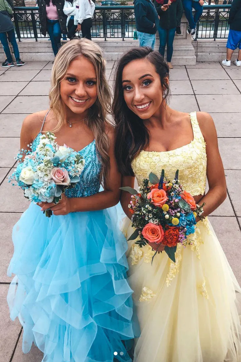 Yellow two pieces lace long prom dress, sweet 16 dress