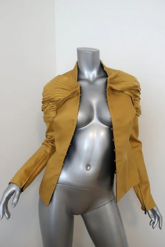 Zac Posen Jacket Mustard Accordion Pleated Silk Twill Size 4 Evening Jacket