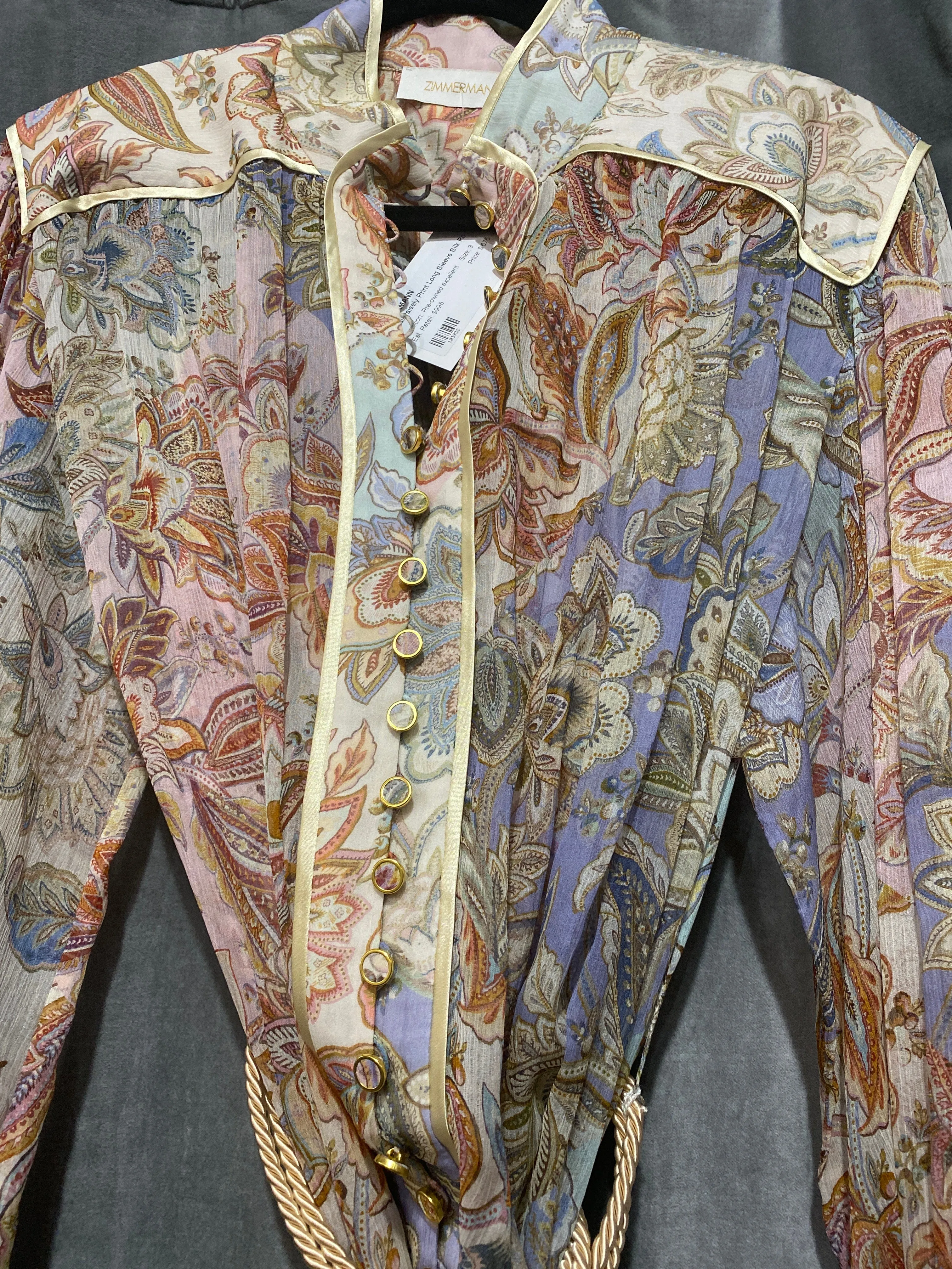 ZIMMERMANN Floral/Paisely Print Long Sleeve Silk Rope Belt Dress