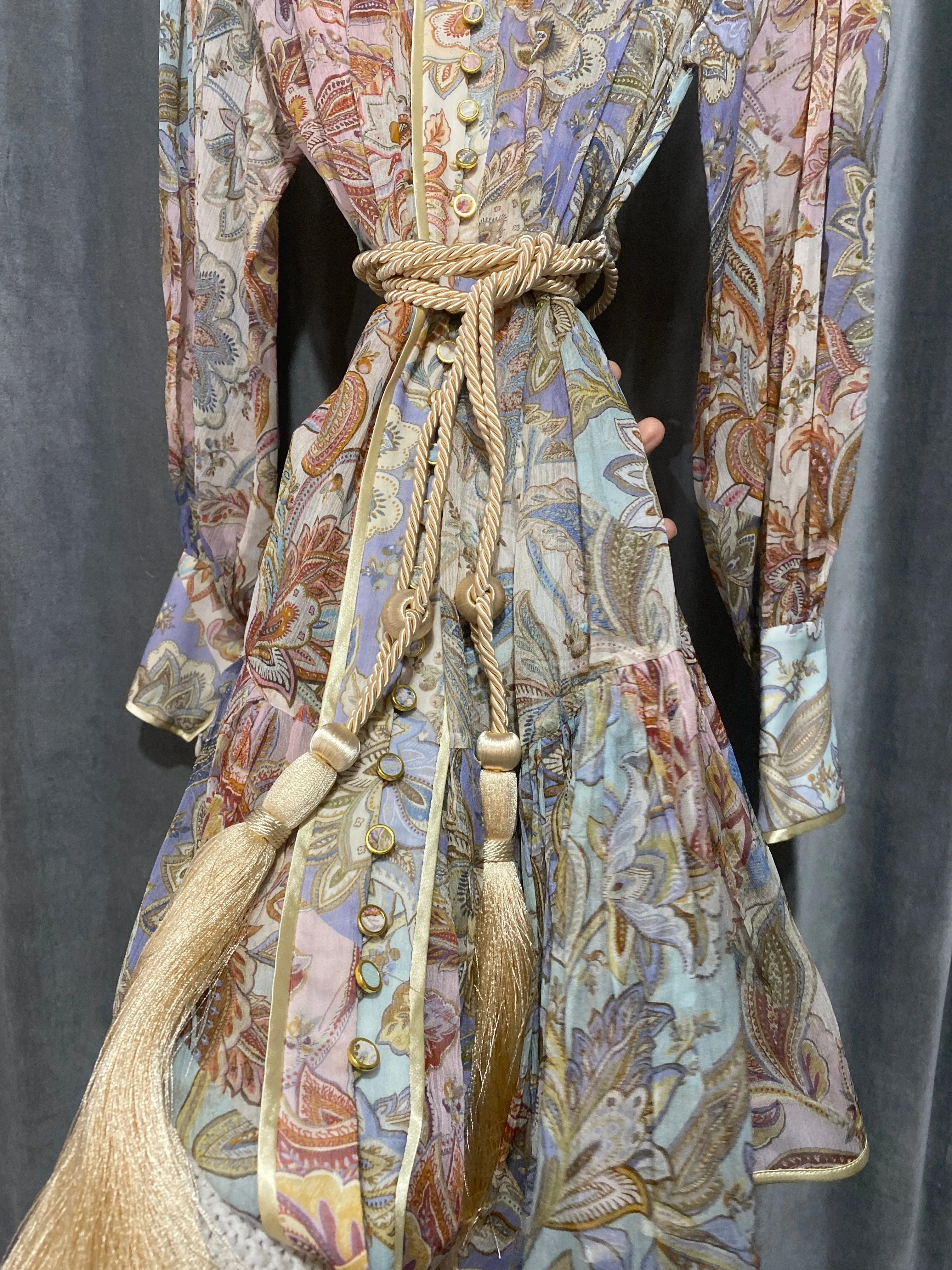 ZIMMERMANN Floral/Paisely Print Long Sleeve Silk Rope Belt Dress