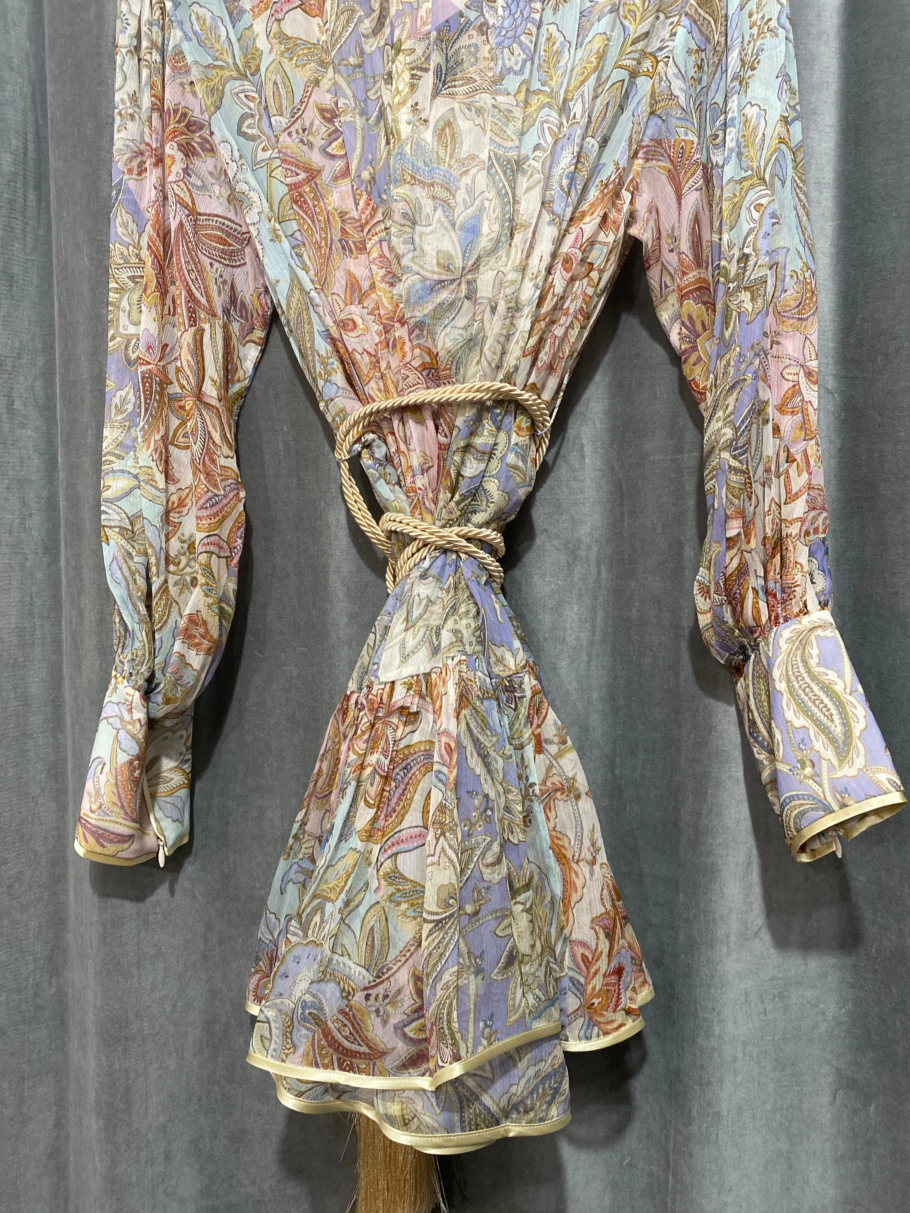 ZIMMERMANN Floral/Paisely Print Long Sleeve Silk Rope Belt Dress