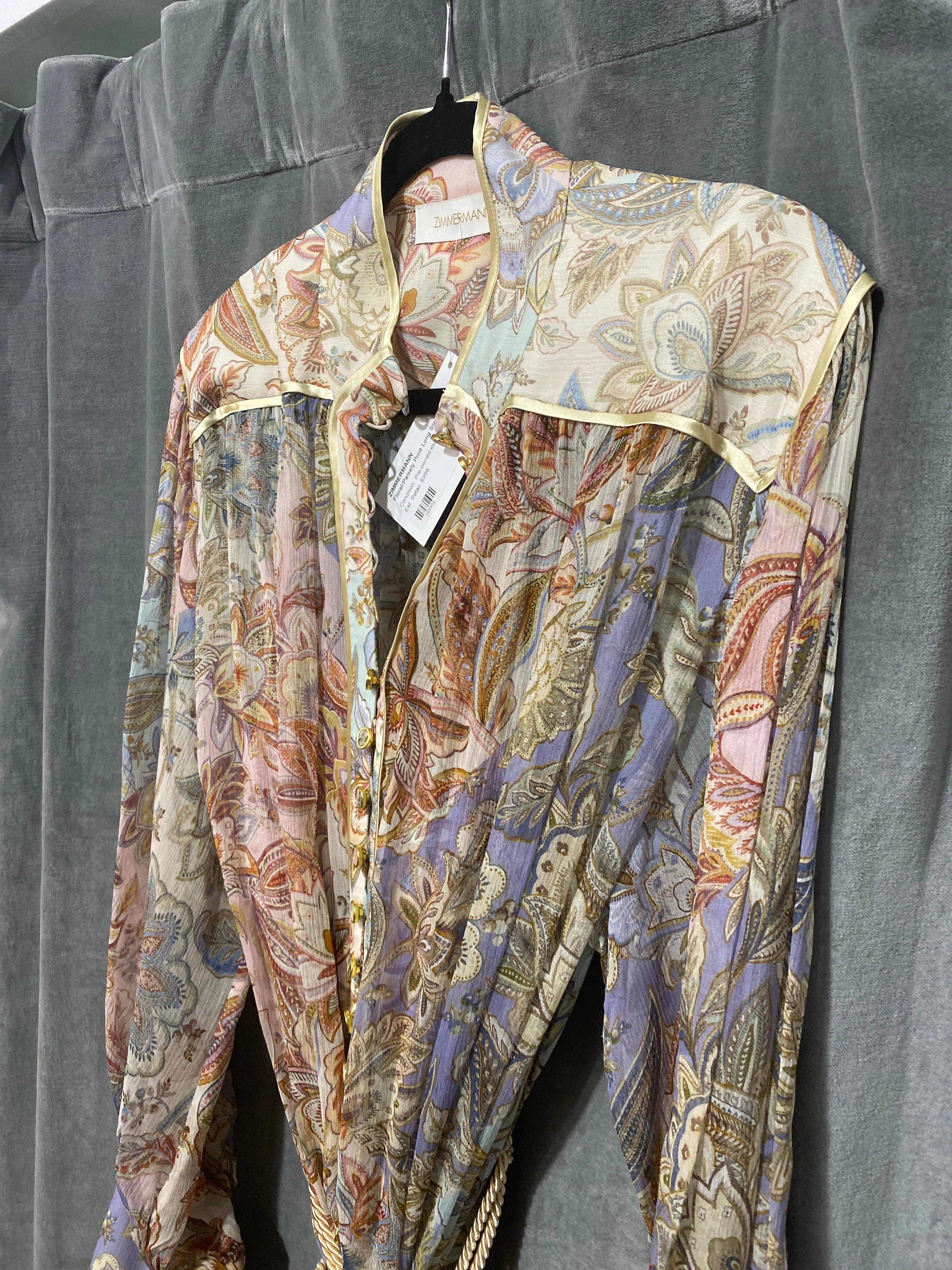ZIMMERMANN Floral/Paisely Print Long Sleeve Silk Rope Belt Dress